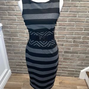 Cache Black and Gray Striped Sheath Dress with Waist Detail and Belt